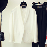2016春季新款韩国代购时尚无扣宽松茧型短款白色休闲西装女小外套