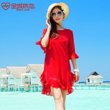 甜美百褶短裙大红色喇叭袖连衣裙夏雪纺宽松沙滩裙海滩裙海边度假
