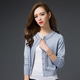 2016新款韩版长袖镶钻圆领羊毛开衫毛衣女春秋针织衫外套短款纯色