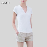 Amii2016夏季百搭纯色简单低领半袖女修身v字领短款紧身t恤女短袖