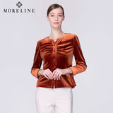 MORELINE沐兰2016春季热销女装圆领长袖金棕色灯芯绒短款针织外套