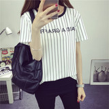 ulzzang韩版宽松短袖T恤个性竖条纹字母圆领百搭上衣女学生棒球风