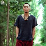 中国风复古男士青年短袖V领纯色大码休闲衬衫棉麻宽松半袖t恤夏季