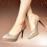 韩国代购水钻金色水晶鞋新娘婚鞋高跟细跟尖头浅口单鞋防水台女鞋