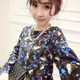 2015春款韩国女装清新甜美碎花连衣裙长袖高腰显瘦百搭雪纺打底衫