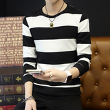 2016春季新款男士长袖T恤韩版青少年条纹打底衫圆领针织体恤衫潮