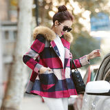 2016春秋冬新款女装韩版一件代发双排扣格子毛领毛呢大衣外套