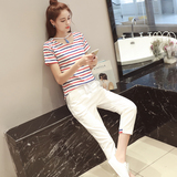 固里果 时尚套装女夏2016新款 韩版休闲条纹显瘦T恤哈伦裤两件套
