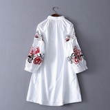 2016春夏新款女装 刺绣复古灯笼袖中长款宽松大码韩国白衬衫长衫