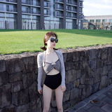 2015韩国露背比基尼游泳衣女条纹显瘦高腰遮肚泳装温泉度假bikini