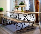 复古实木餐桌椅组合做旧铁艺餐桌轮子餐桌椅造型创意个性家具