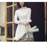 原创品牌女装 秋冬季文艺风衬衫白领长袖连衣裙全棉假两件职业装