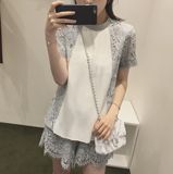 韩国代购女装夏季韩版小香风名媛气质短袖蕾丝上衣+短裤两件套装