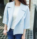 4韩国代购正品cherrykoko夏装纯色天蓝色短款七分袖夹克亚麻外套