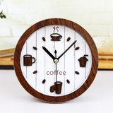 复古田园休闲时光 3D立体咖啡杯壶木头小闹钟 创意桌面座时钟表