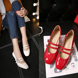 2016春季扣带粗跟浅口漆皮单鞋韩国公主红色女鞋白色方头中跟鞋子