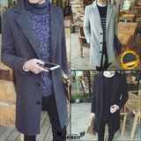 2015冬季青春流行装韩版显瘦中长款西装领男修身纯色加厚外套潮装