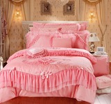 套结婚礼床上用品床单结婚被罩床罩婚庆四件套粉色贡缎刺绣花六件