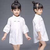童装女童短袖白色衬衫春装2016新款中长款韩版大儿童纯棉衬衣春秋