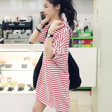 2015春夏季新款韩国范儿宽松条纹蝙蝠袖带帽连衣裙大码t恤胖M中裙