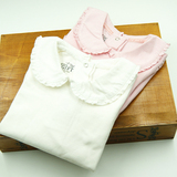 外贸女童装 2015秋冬儿童宝宝纯棉长袖花边 翻领衬衫 纯色打底衫