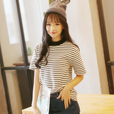 韩国女装批发条纹黑白短袖圆领套头T恤9382