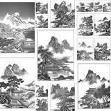 工笔画山水楼阁白描线描50张 国画素材电子版打包临摹范本练习稿