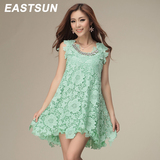 伊自尚2016夏装新款韩版宽松无袖大码女装薄荷绿色蕾丝雪纺连衣裙