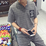 夏季V领短袖T恤潮男日系格子套装男士棉麻t恤衫宽松休闲运动套装