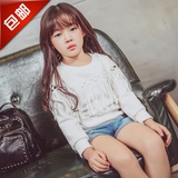 2016秋女童韩版新款前卫圆领镂空流苏套头上衣童装个性长袖潮卫衣