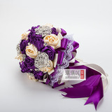 紫色奶白色缎带玫瑰花钻石手捧花球新娘手花 长飘带特价包邮