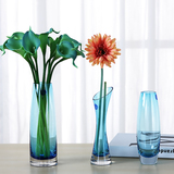 皓杨 创意简约透明蓝色玻璃插花瓶客厅装饰摆件清新花瓶水培瓶子