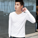 男士打底衫修身 长袖t恤纯色V领男装衣服白色冬季纯白色青年小衫