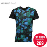 versace jeans范思哲 男士黑色全棉植物印花短袖T恤