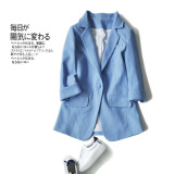 出口日本原单品质全棉七分袖小西装 女春款简约百搭蓝色修身外套