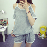 夏季韩国高腰短裤两件套女露肩短袖T恤性感吊带卫衣套装运动服潮