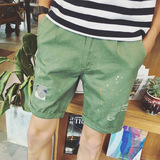 BWXD日系男装新品油漆泼墨设计破洞修身运动五分裤男士休闲短裤潮