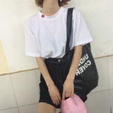 韩国ulzzang夏季新款学院风小高领刺绣桃心闺蜜姐妹装短袖T恤女潮