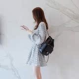 空灵2016年新款韩版连衣裙通勤简约气质喇叭形灯笼袖波点短裙长袖