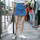 兔二哥夏季休闲下摆不规则设计短裙 韩国chic时尚A字牛仔短包臀裙
