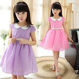 儿童短袖连衣裙夏装韩版女童娃娃领蝴蝶结细腰带玫红粉紫公主裙子