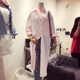 韩国ulzzang2016秋新款showroom长款时尚宽松翻领长袖粉色衬衫女