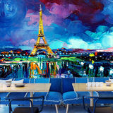 3D油画巴黎铁塔风景大型壁画酒吧咖啡厅休闲吧墙纸客厅卧室壁纸