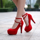 春秋季新款红鞋子细跟超高跟单鞋女红色结婚鞋子绑带女婚鞋新娘鞋