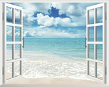 3D卧室假窗户墙贴客厅装饰画 大海沙滩海滩餐厅宾馆壁画贴纸贴画