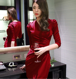 韩国七分袖春装夜店V领包臀短女主持人小礼服性感修身显瘦连衣裙