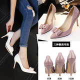 韩版新款尖头细跟单鞋铆钉蝴蝶结漆皮浅口小码31 32 33高跟女单鞋