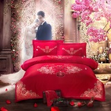 纯棉婚庆4四件套全棉新婚大红刺绣结婚用1.8m米高档提花床上用品