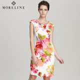 MORELINE沐兰2016夏季新款 花朵图案粉色红色短袖连衣裙
