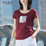 Amii短袖t恤女 棉质百搭修身显瘦简约 夏季2016新款休闲印画圆领